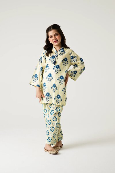 Off-White Blue Floral Kurta Shalwar - 2pc