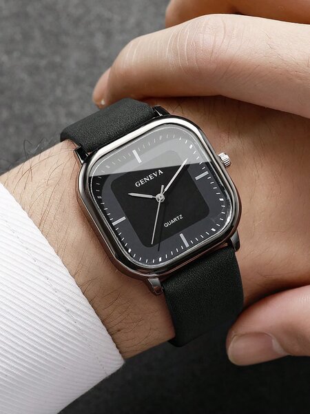 Shein - 2pcs/Set Men's Gift Watch & Belt, Fashion Minimalist Square Dial Quartz Wrist Watch