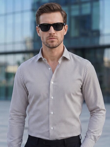 White & Brown Checkered, Elite Edition, Cutaway Collar Men’s Formal Shirt (FS-2963)