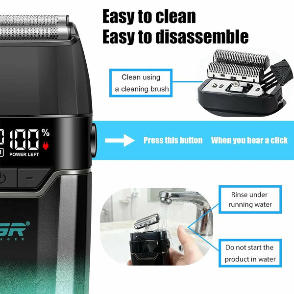 VGR - V-308 Professional Double Foil Shaver 9000RPM Cordless Head Shaver with Titanium Foils, LED Display