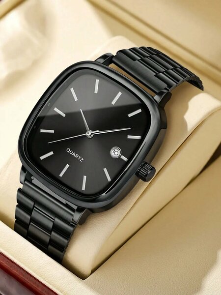 Shein - 1pc LUCKYFOX Minimalist Retro Steel Band Square Dial Calendar Watch