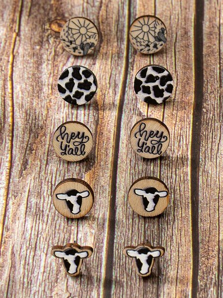 Shein - 5 Pairs Wood Cow Cattle Head Cactus Cowboy Western Stud Earrings Set