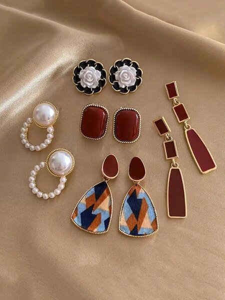 Shein - 5pcs Set Minimalist Vintage Faux Pearl Flower Hollow Heart Mix Color Luxury Niche Elegant Stud Earrings