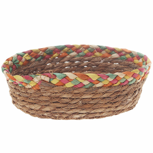 Handwoven Round Brown Basket with Multicolor Braided Rim – Small Natural Fiber Storage Organizer