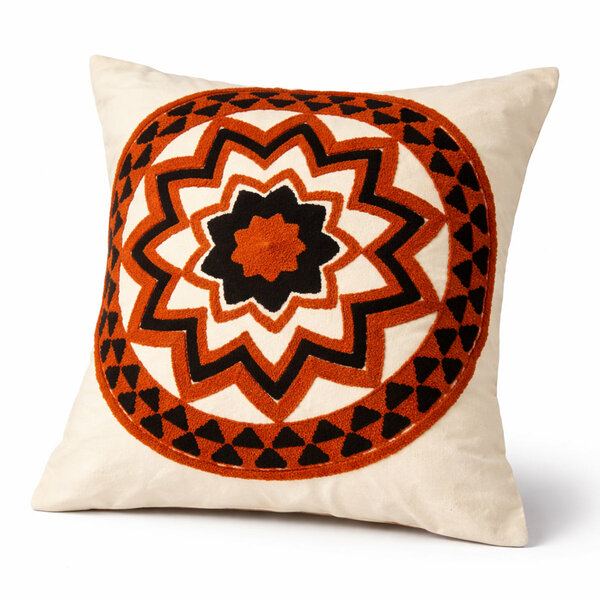 Boho Tribal Floral Embroidered Cushion Cover 20x20 Inch – Off White Textured Mandala Pillow Cover