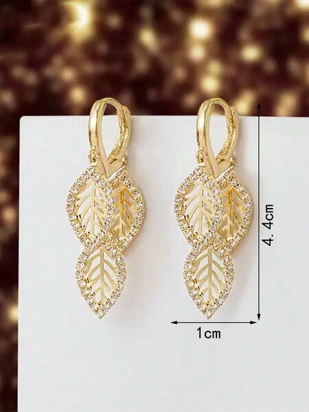 Shein - 1Pair Fashionable Hollow Out Leaf Shaped Earring With Full Rhinestone, Multiple Layers