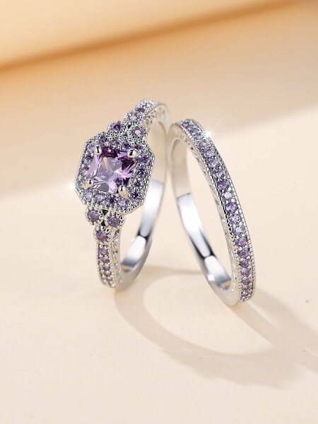 Shein - 1set Fashionable & Elegant Purple Sparkling CZ Jewelry Set (ring, Earrings, Necklace), Perfect Gift For Women And Suitable For Dating, Engagement And Wedding Occasions