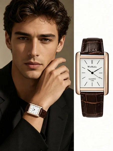 Shein - 1Pc Elegant Minimalist Square Men'S Watch, Luxury Rose Gold Rectangular Wristwatch