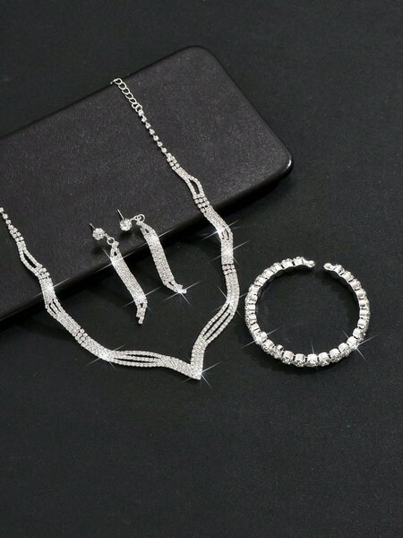 Shein - European And American Fashion Bridal Wedding Jewelry Set, Including Necklace, Earrings, Bracelet And Ring With Rhinestone For Women