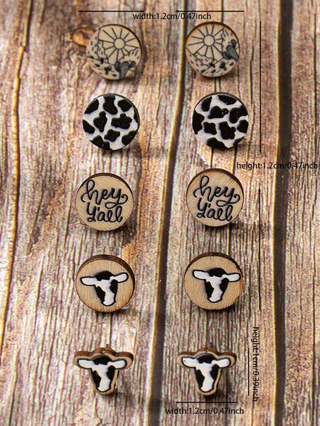 Shein - 5 Pairs Wood Cow Cattle Head Cactus Cowboy Western Stud Earrings Set