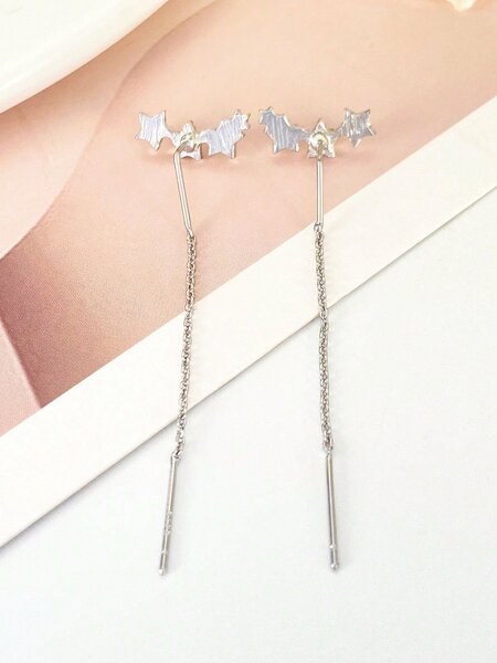 Shein - 1pair Elegant & Versatile Chain Tassel Earrings With Rhinestone & Star Detail For Women's Daily Wear As Fashion Accessory