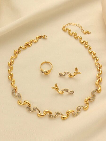 Shein - Elegant Copper Alloy Gold Plated Rhinestone Inlaid Chain Earrings, Ring, Necklace Jewelry Set