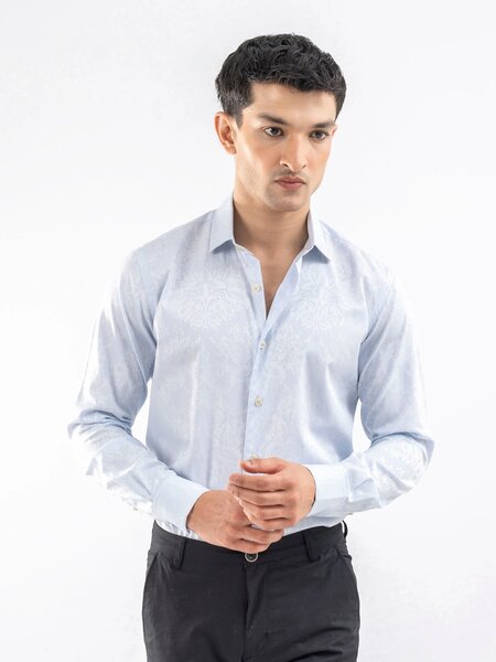 Brumano Mens RTW Solids Cotton Shirt Sky Blue Jacquard Patterned Casual Collection