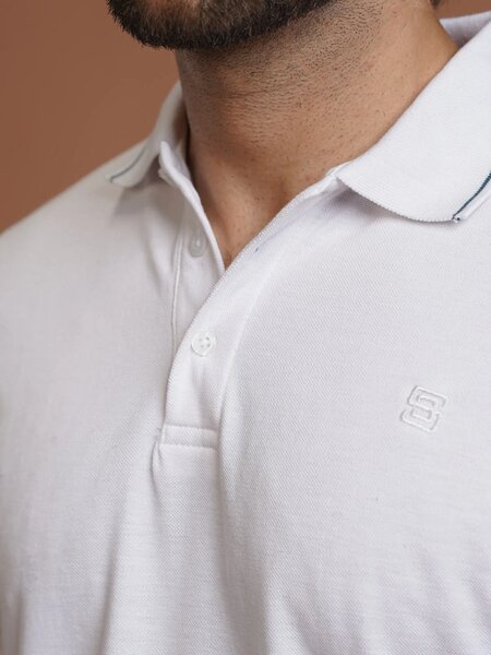 White Plain Contrast Tipping Half Sleeves Polo T-Shirt (POLO-1008)
