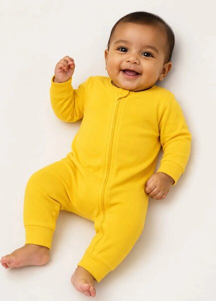 Lambkin Kids RTW Solids Cotton 1 Piece Yellow Zipper Romper - Casual Collection
