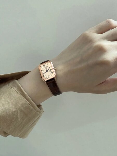 Shein - 1pc Teenager/Student Square Roman Numeral Dial Leather Band Quartz Watch - Brown