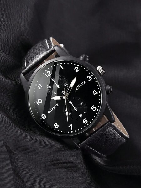 Shein - 1pc/4pcs Men's Casual Personalized Sports PU Leather Quartz Watch And Bullet Necklace Jewelry Set