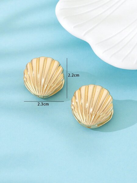 Shein - 1pair Simple Ocean Beach Style Metallic Double Side Printed Shell Dangle Earrings For Women