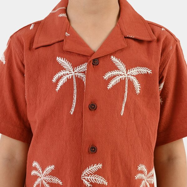 Boys Cotton Jacquard Shirt - Rust