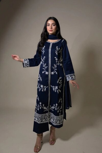 Preet Dark Blue Stitched 3-Piece Embroidered Dress