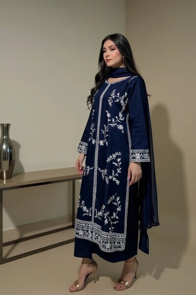 Preet Dark Blue Stitched 3-Piece Embroidered Dress