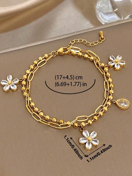 Shein - 1Pc 18K Gold Plated Stainless Steel Luxury Floral Layered Flower Pendant Dual Chain Bracelet