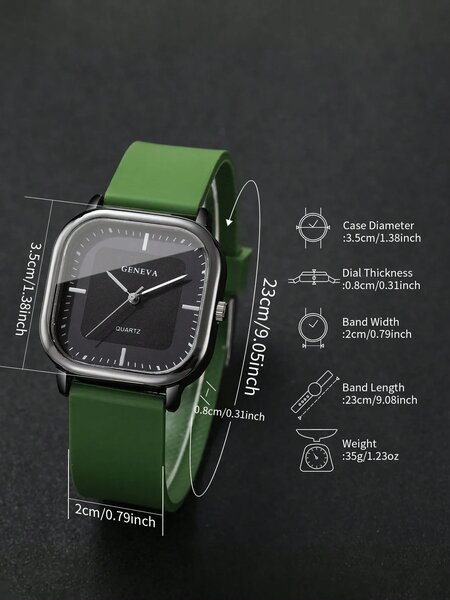 Shein - 1pc Men's Silicone Strap Fashion Casual Square Minimalist Dial Quartz Wrist Watch - Green