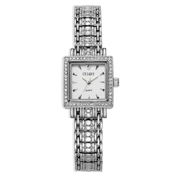 Shein - 1pc Women's Vintage Rhinestone Decor Luxury Elegant Water Resistant Fashion Simple Style Square Quartz Ladies Watch Silver