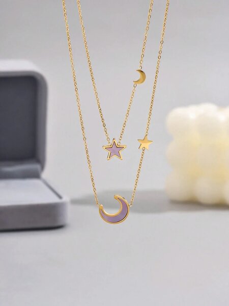 Shein - 18K Gold Plated Double Layer Purple Abalone Star & Moon Stainless Steel Necklace