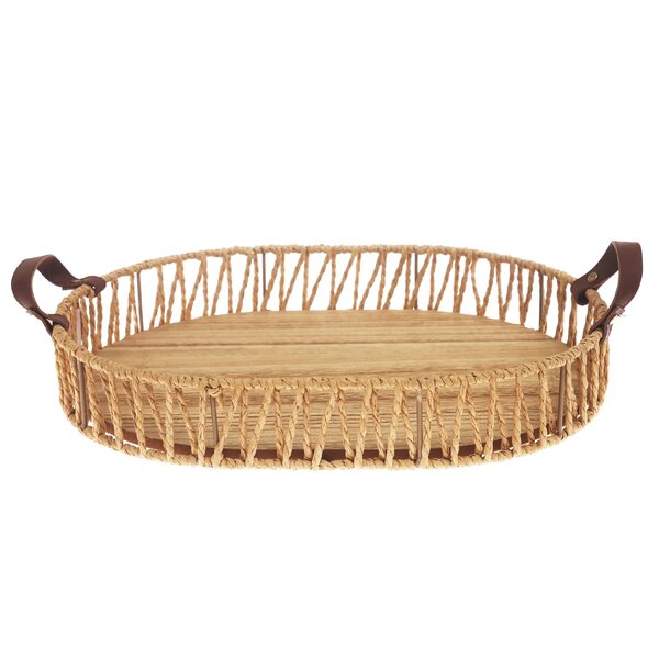 Large Handwoven Natural Decorative Tray with Wooden Base & Leather Handles – 12 x 16 Inch