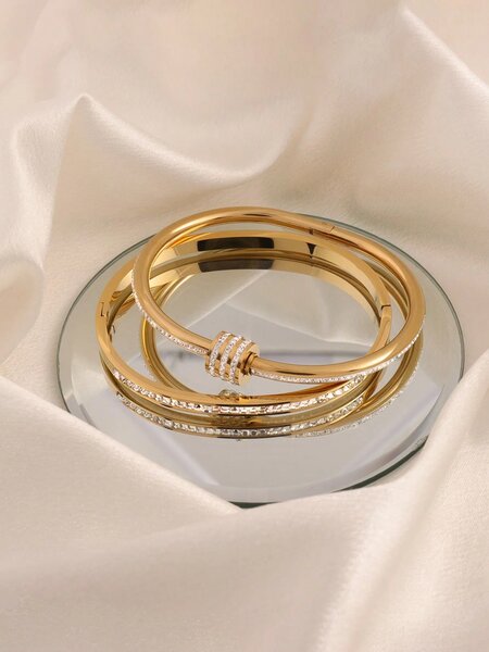 Shein - 2 Pcs Simple Fashion Light Luxury Stainless Steel Single Row Drill Rotating Bracelet Suitable For Women's Daily Wear