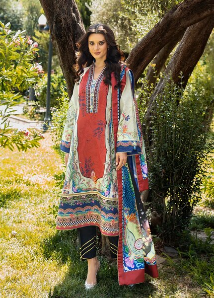 Mushq Hemline Echoes Of Serneity Unstitched Festive Raw Silk Printed 3 Piece MQ25ES D-05 Ethereal Gleam - Festive Collection