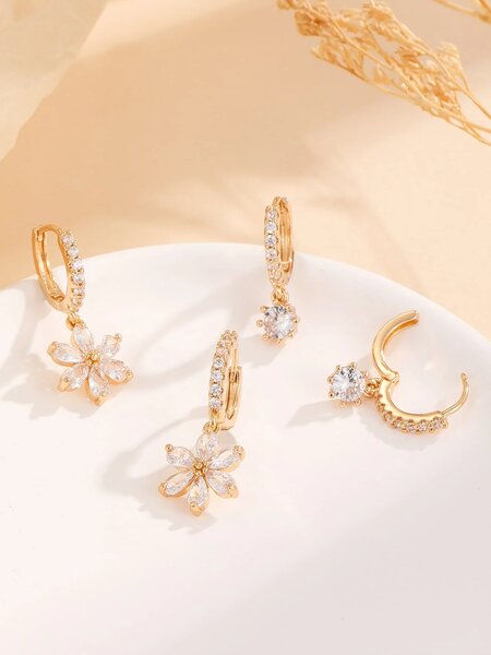 Shein - 2pairs/set Cubic Zirconia Flower Drop Earrings