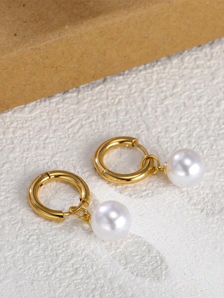 Shein - Stainless Steel Waterproof Gold Chic & Simple White Faux Pearl Necklace & Earrings Set, Perfect For Women Daily Wear