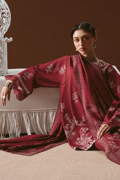 Cross Stitch Unstitched Embroidered Linen 3 Piece Suit CS26UW Scarlet Ink - Winter Collection