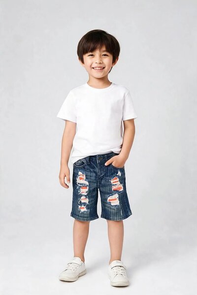 TI Boy's Contrast Distressed Denim Shorts