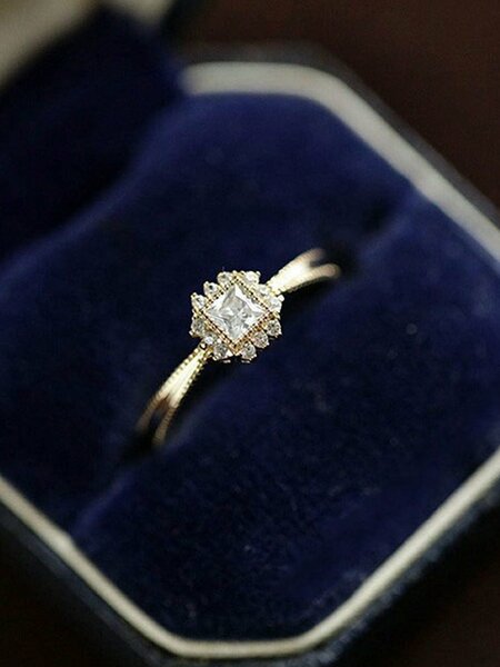 Shein - 1pc S925 Sterling Silver Simple Elegant Luxury Fashion Temperamental Sparkling Square  Ring Adjustable For Women Girl Jewelry Gift