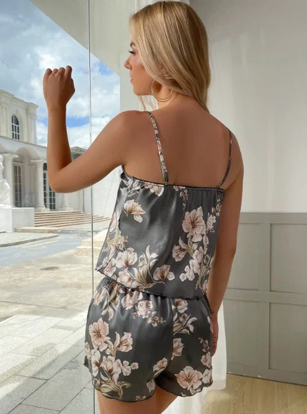 Shein - Floral Print Satin PJ Set