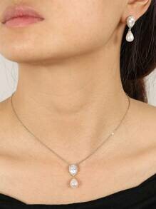 Shein - Rakol 3pcs Fashionable & Luxurious Copper Cubic Zirconia Pearl Waterdrop Shape Necklace And Earrings Set