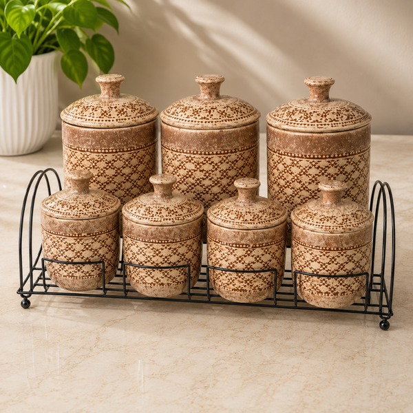 7Pcs Vintage Ceramic Canister Set with Rack | Kitchen Storage Jar Set