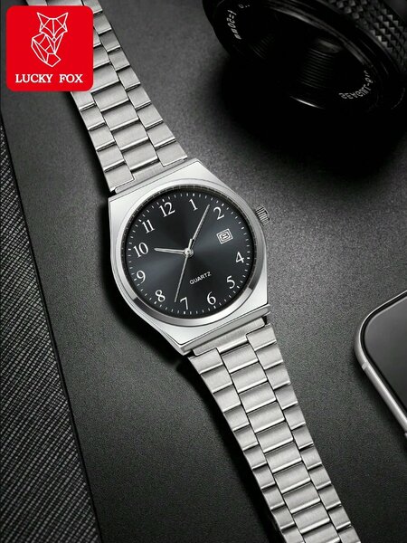 Shein - 1pc LUCKYFOX Minimalist Retro Steel Band Small Square Calendar Watch