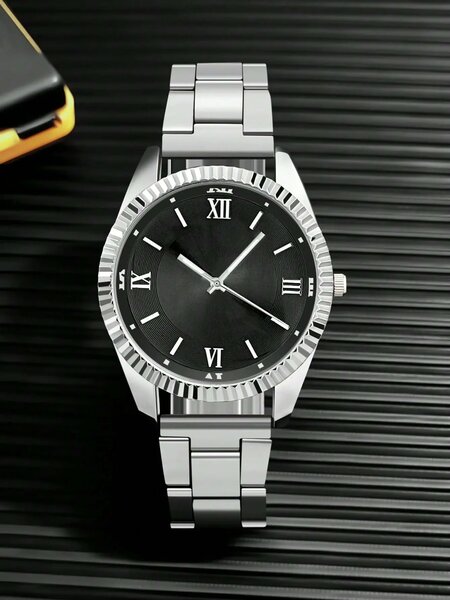 Shein - 1pc Men's Steel Band Quartz Watch - Black Dial