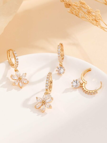 Shein - 2pairs/set Cubic Zirconia Flower Drop Earrings