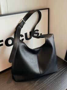 Shein - 2pcs/Set Parent-Child Black PU Leather Litchi Pattern Large Capacity Simple Casual Shoulder Bag