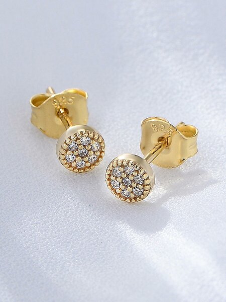 Shein - 1pair Fashionable Cubic Zirconia Round Decor Sterling Silver Stud Earrings For Women For Daily Decoration