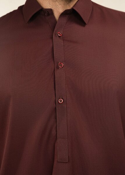 Alif by Buraq Mens RTW Solids Wash N Wear 2 Piece Suit Maroon Collared Casual Collection