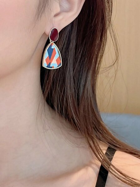 Shein - 5pcs/Set Square Burgundy Floral Enamel & Faux Pearl Stud Earrings, Fashionable Elegant Geometric Earrings Set