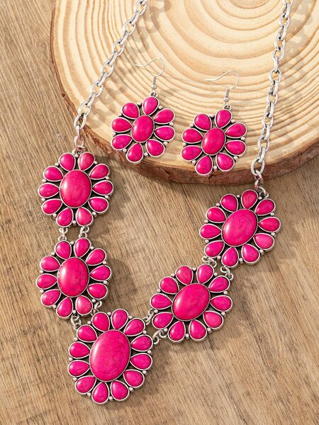 Shein - 1Set Women'S Vintage Bohemian Style Stone Pendant Necklace & Earrings, Ideal For Holidays Or Parties