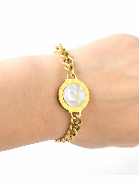 Shein - 1Pc Stainless Steel Cable Chain Double-Sided Black & White Shell Roman Numbers Charm Bracelet