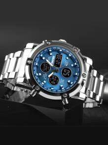 Shein - 1pc Men Silver Stainless Steel Strap Fashionable Water Resistant Round Dial Digital Watch